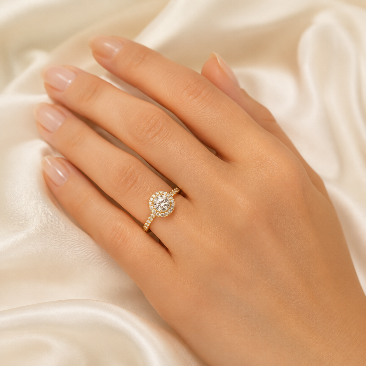 Round Lab-Grown Diamond Micropavé Halo Engagement Ring with Pavé Band - Yellow Gold