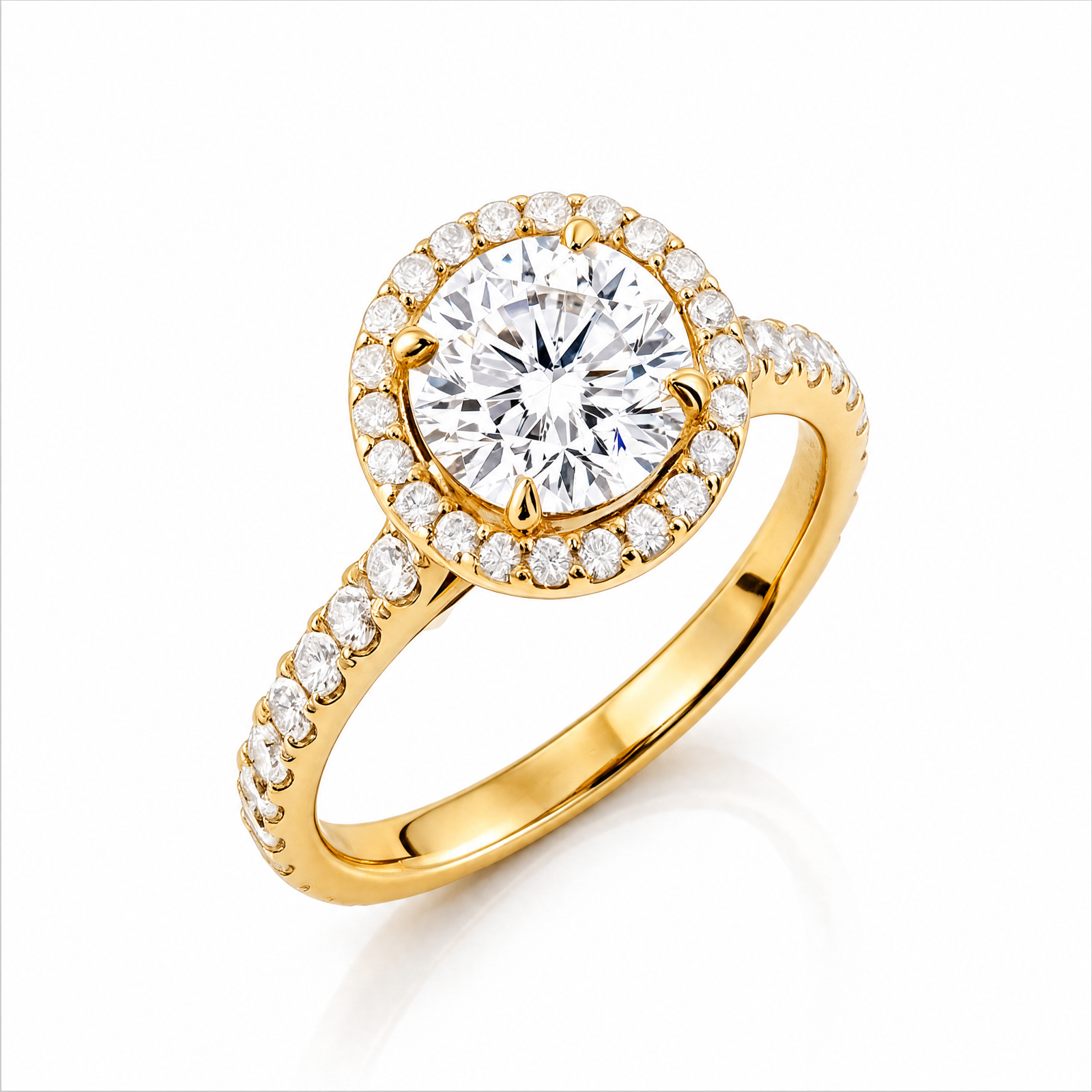 Round Lab-Grown Diamond Micropavé Halo Engagement Ring with Pavé Band - Yellow Gold