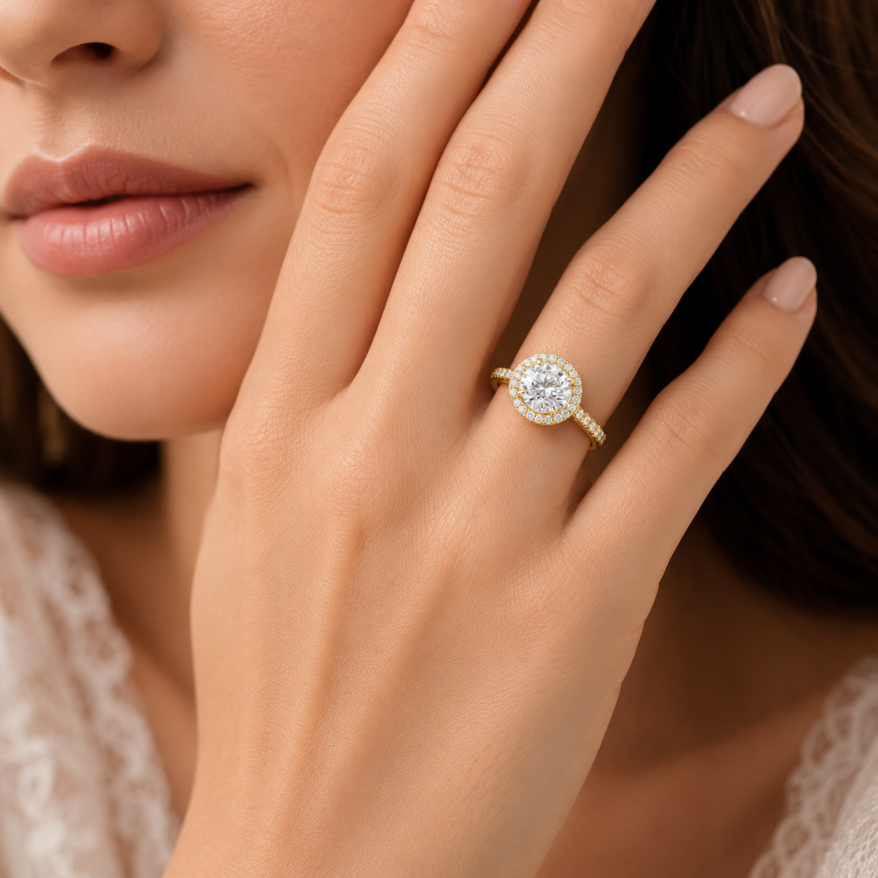 Round Lab-Grown Diamond Micropavé Halo Engagement Ring with Pavé Band - Yellow Gold