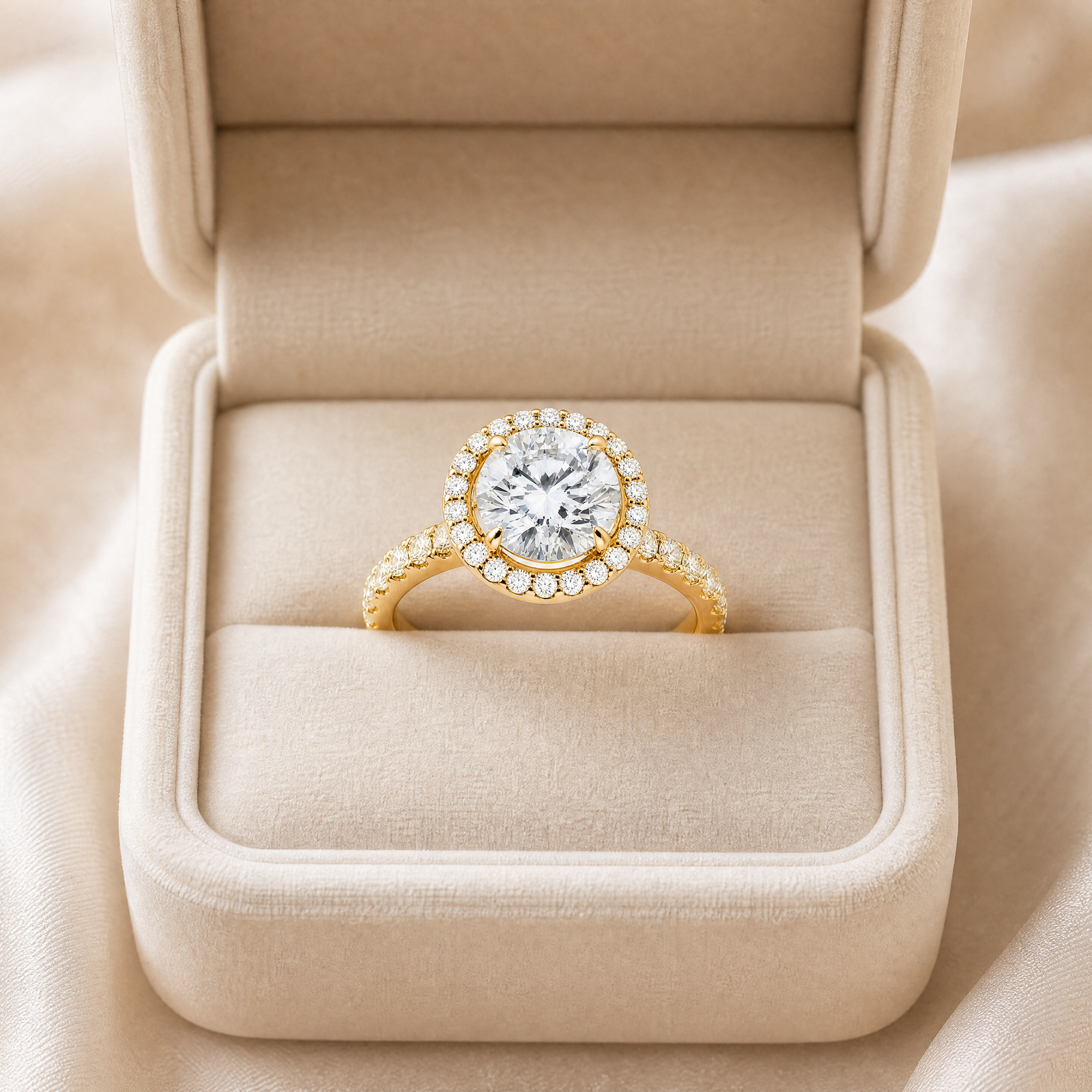 Round Lab-Grown Diamond Micropavé Halo Engagement Ring with Pavé Band - Yellow Gold