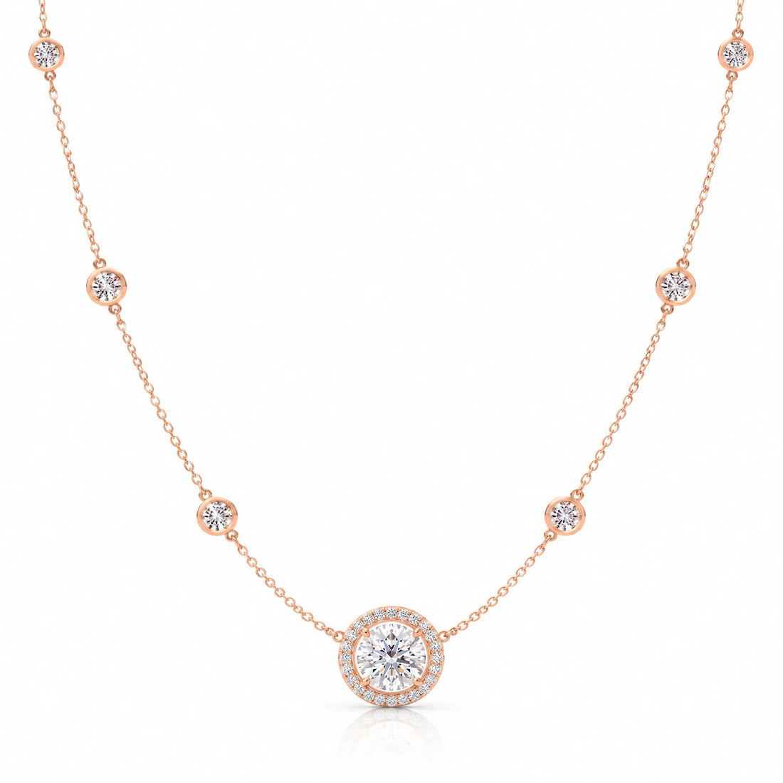 Aurore Lab-Grown Diamond Halo Station Necklace - Rose Gold
