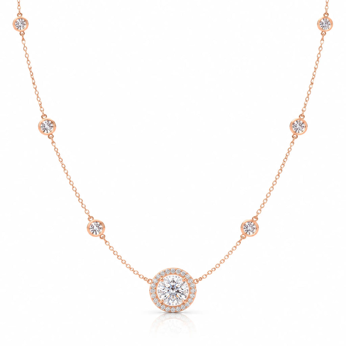 Aurore Lab-Grown Diamond Halo Station Necklace - Rose Gold
