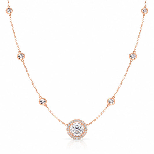 Aurore Lab-Grown Diamond Halo Station Necklace - Rose Gold