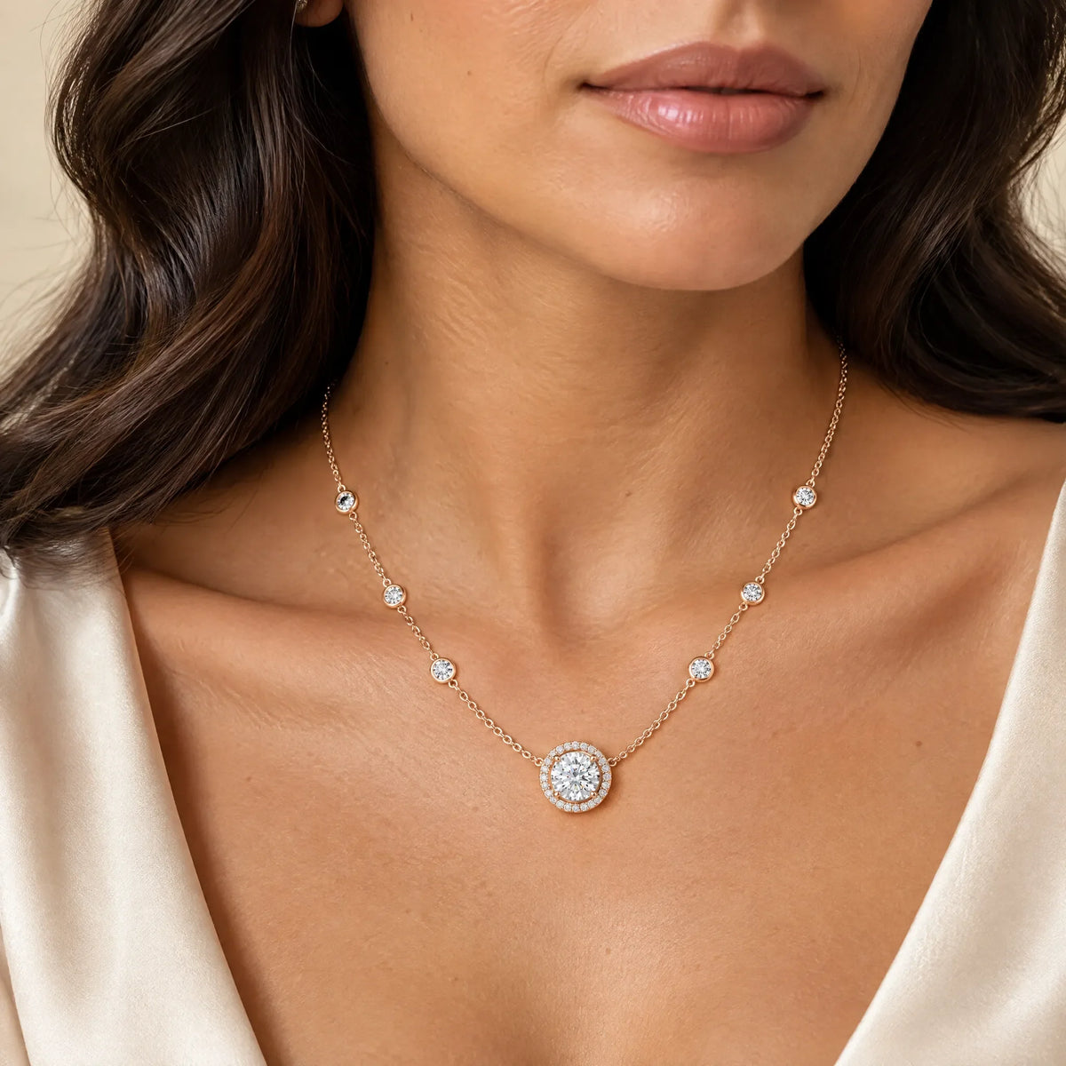Aurore Lab-Grown Diamond Halo Station Necklace - Rose Gold