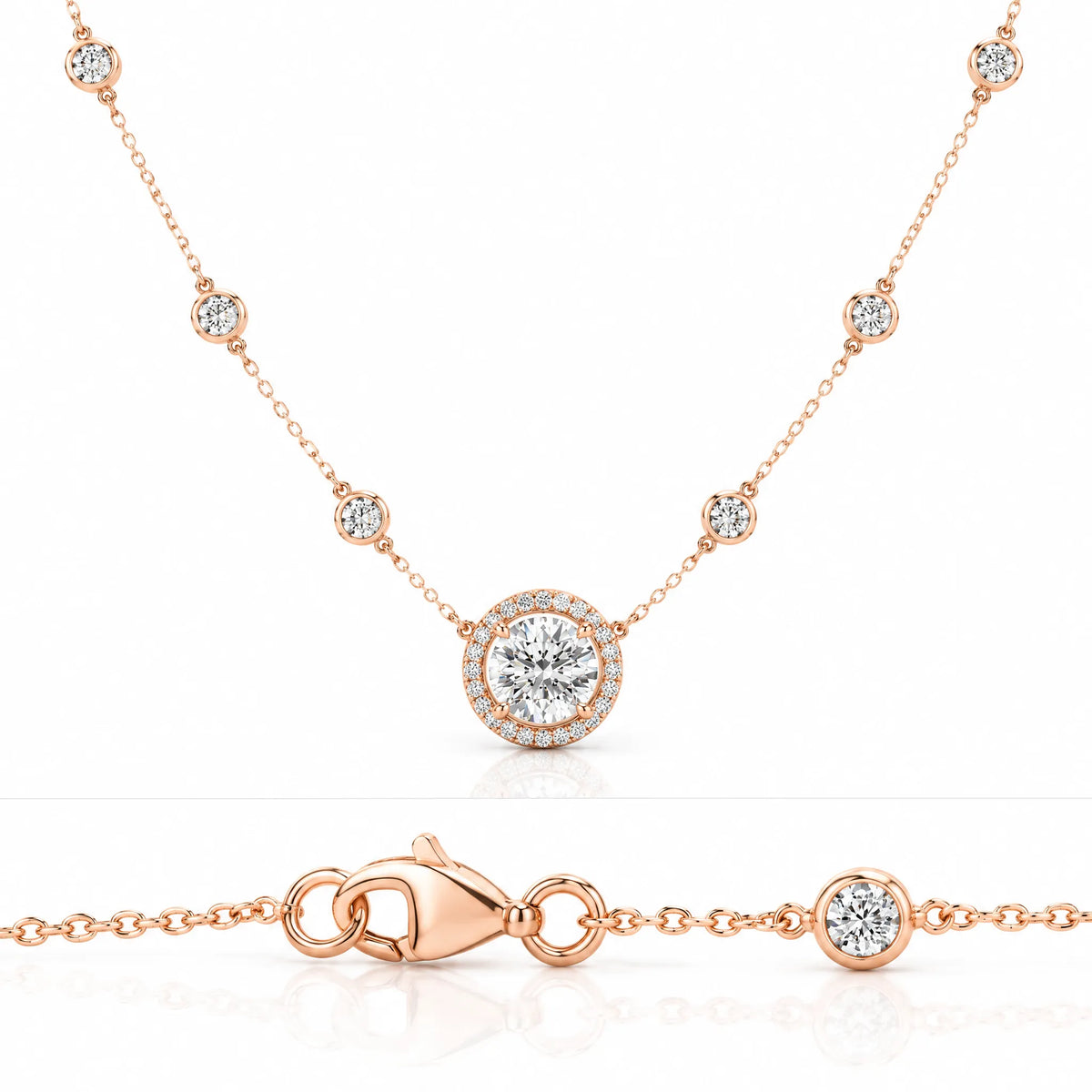 Aurore Lab-Grown Diamond Halo Station Necklace - Rose Gold