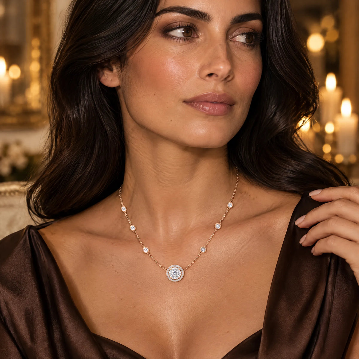 Aurore Lab-Grown Diamond Halo Station Necklace - Rose Gold