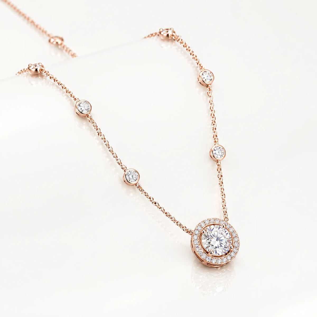 Aurore Lab-Grown Diamond Halo Station Necklace - Rose Gold
