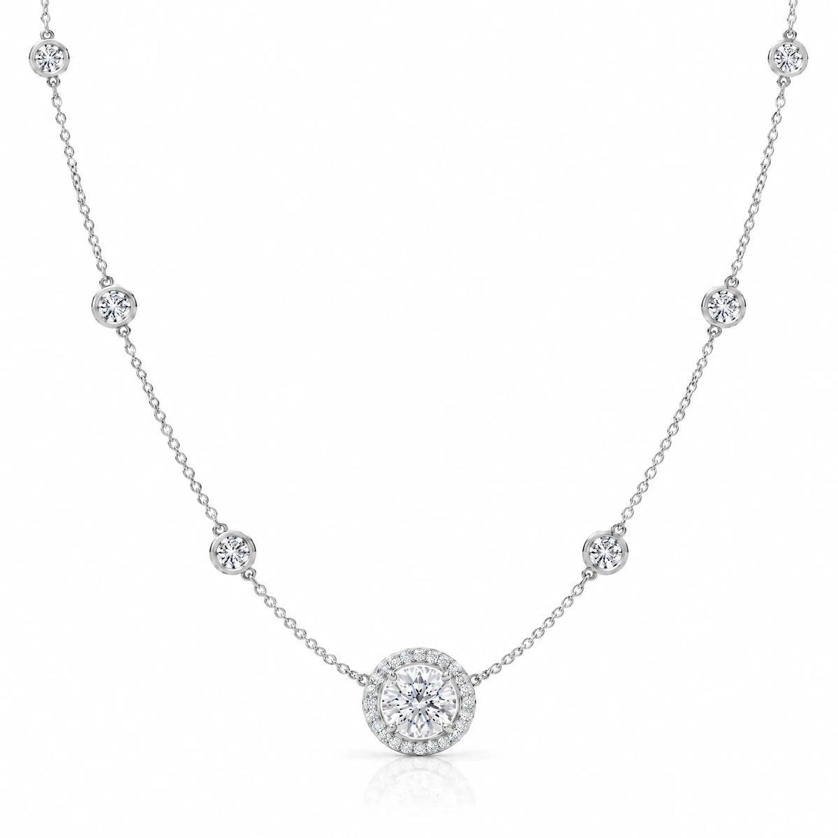 Aurore Lab-Grown Diamond Halo Station Necklace - White Gold