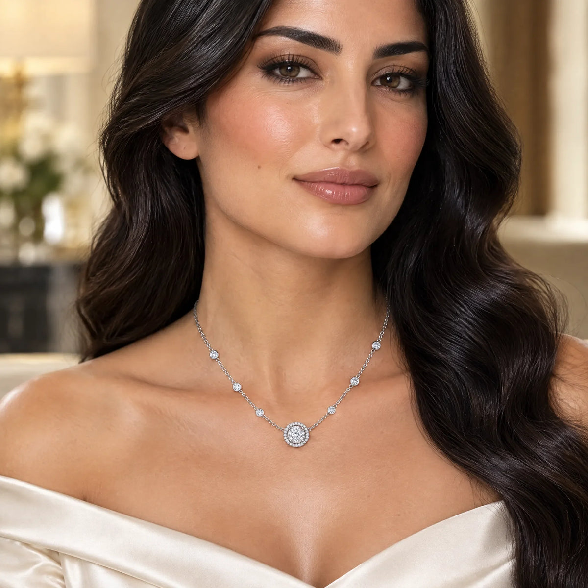 Aurore Lab-Grown Diamond Halo Station Necklace - White Gold