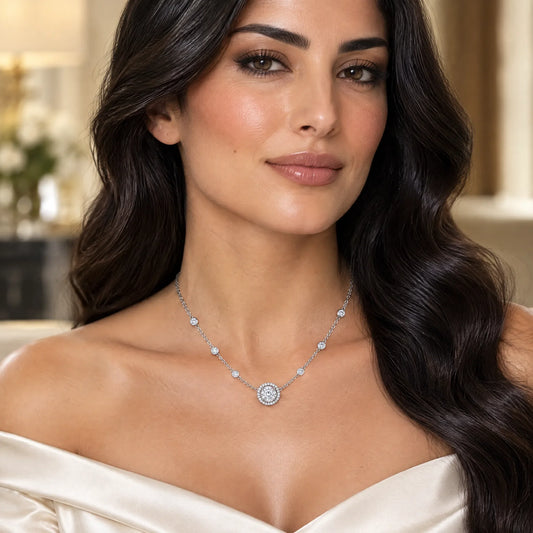 Aurore Lab-Grown Diamond Halo Station Necklace - White Gold