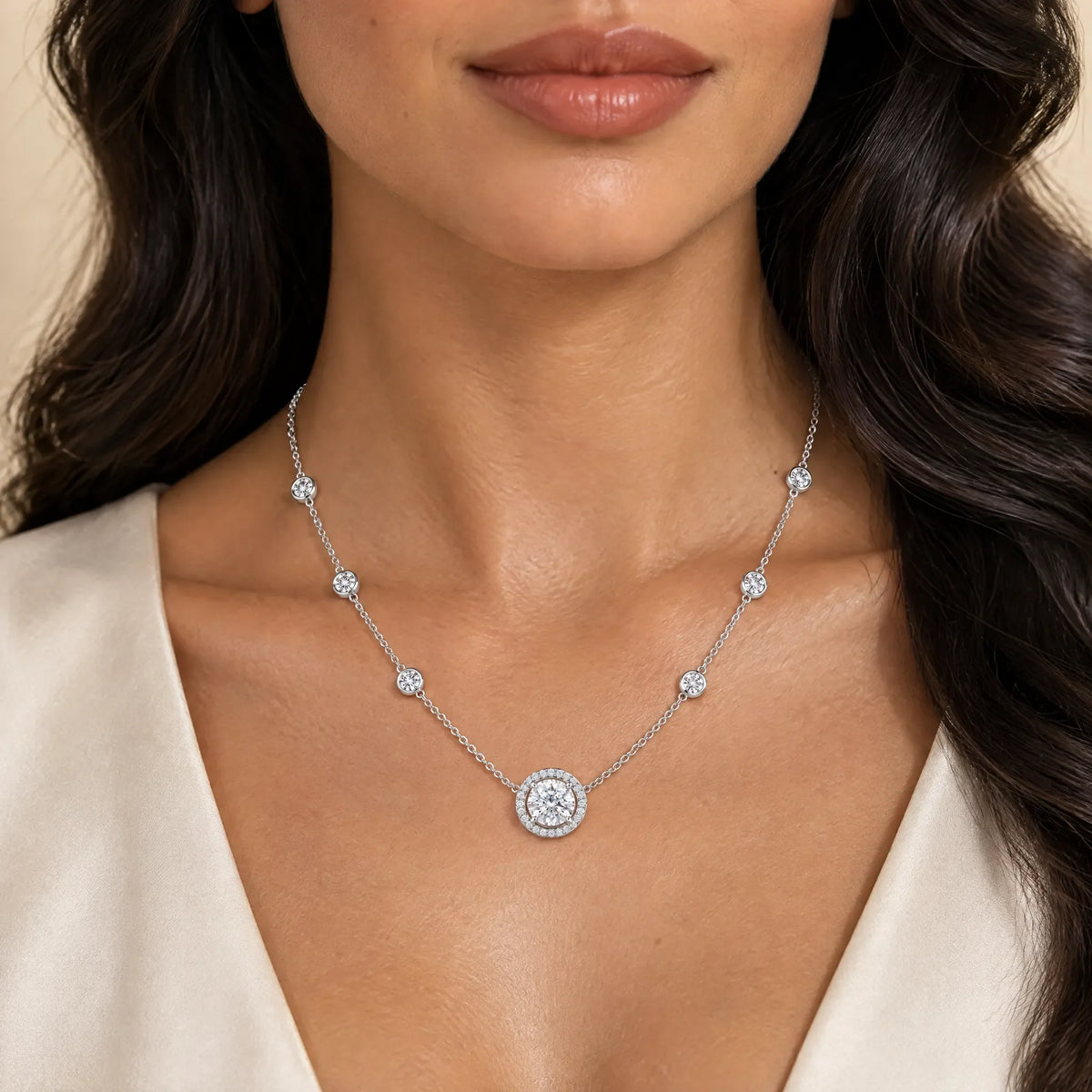 Aurore Lab-Grown Diamond Halo Station Necklace - White Gold
