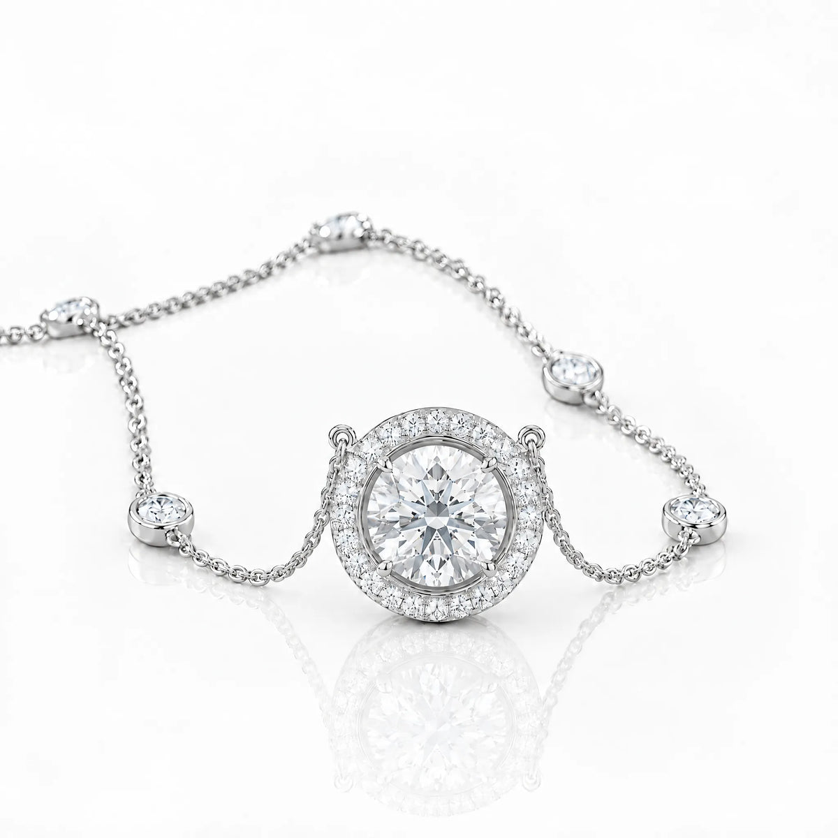 Aurore Lab-Grown Diamond Halo Station Necklace - White Gold
