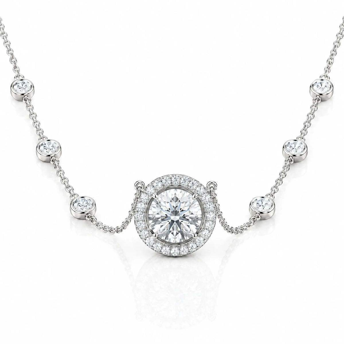 Aurore Lab-Grown Diamond Halo Station Necklace - White Gold