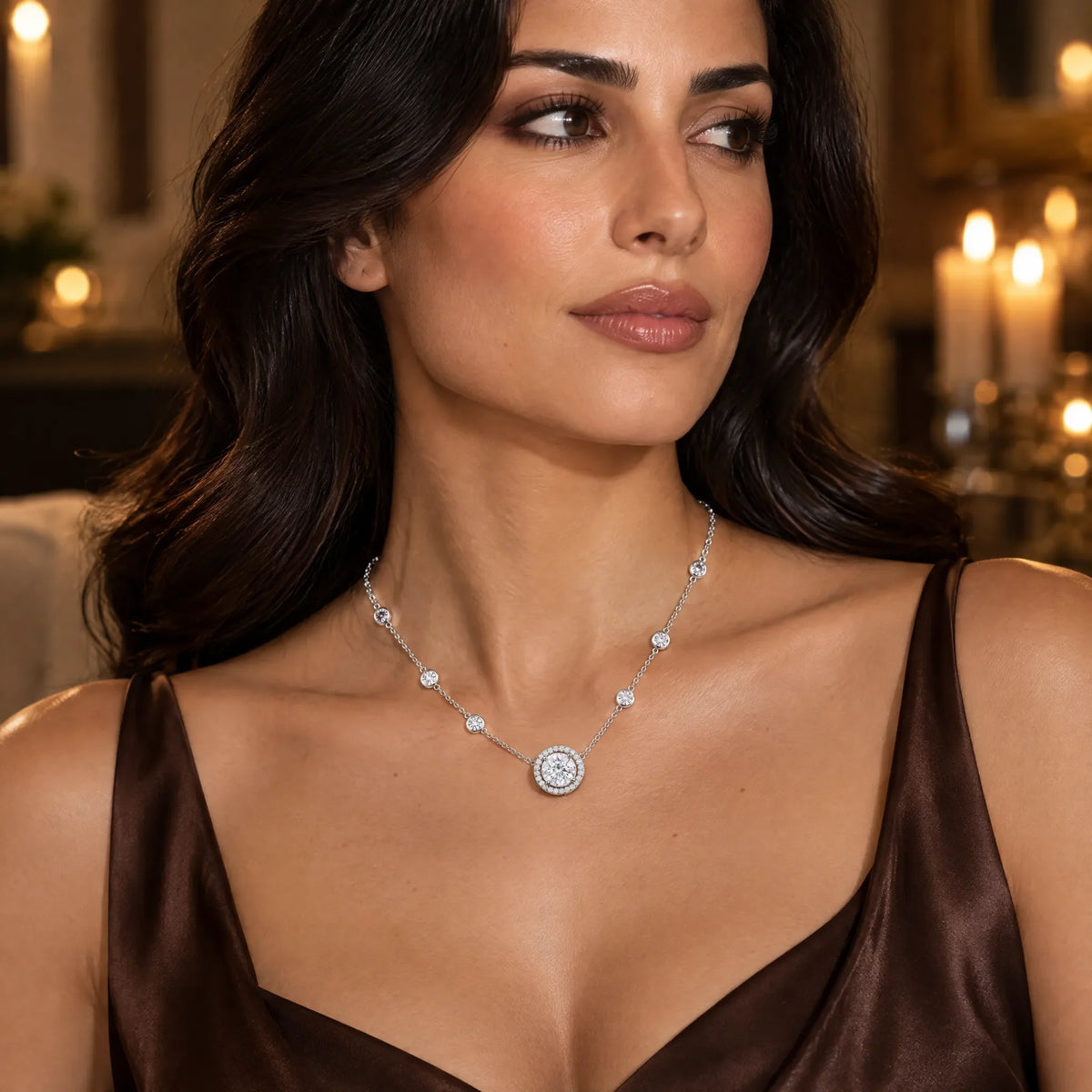 Aurore Lab-Grown Diamond Halo Station Necklace - White Gold