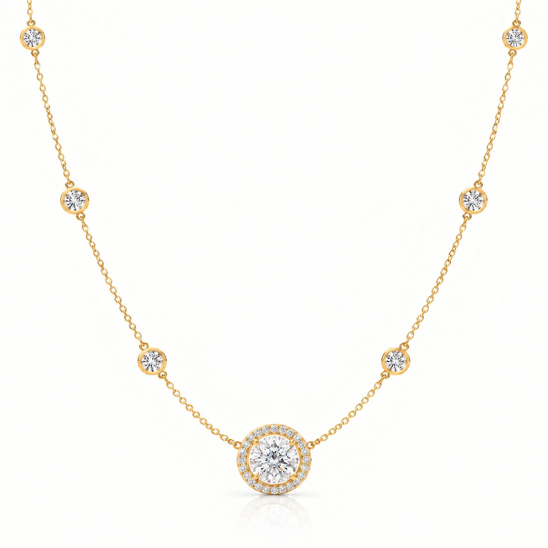 Aurore Lab-Grown Diamond Halo Station Necklace - Yellow Gold
