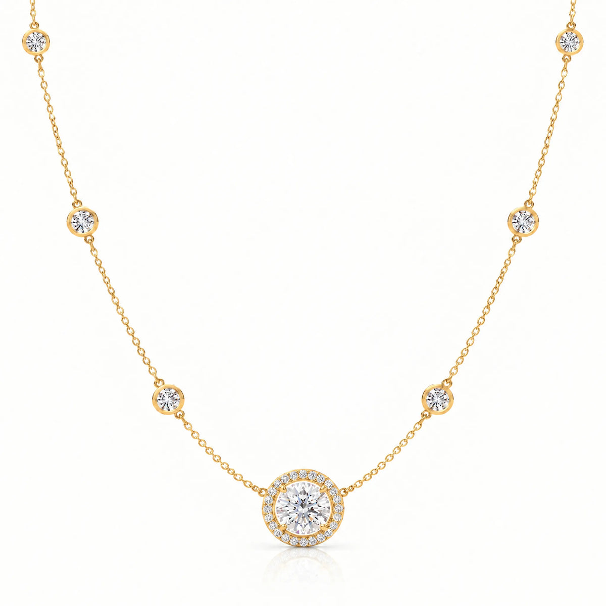 Aurore Lab-Grown Diamond Halo Station Necklace - Yellow Gold