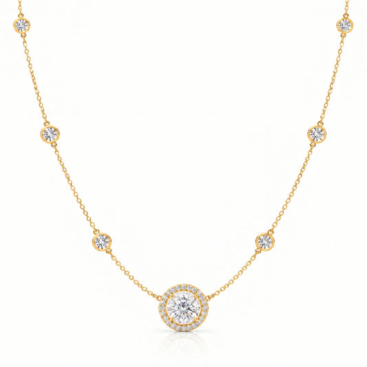 Aurore Lab-Grown Diamond Halo Station Necklace - Yellow Gold
