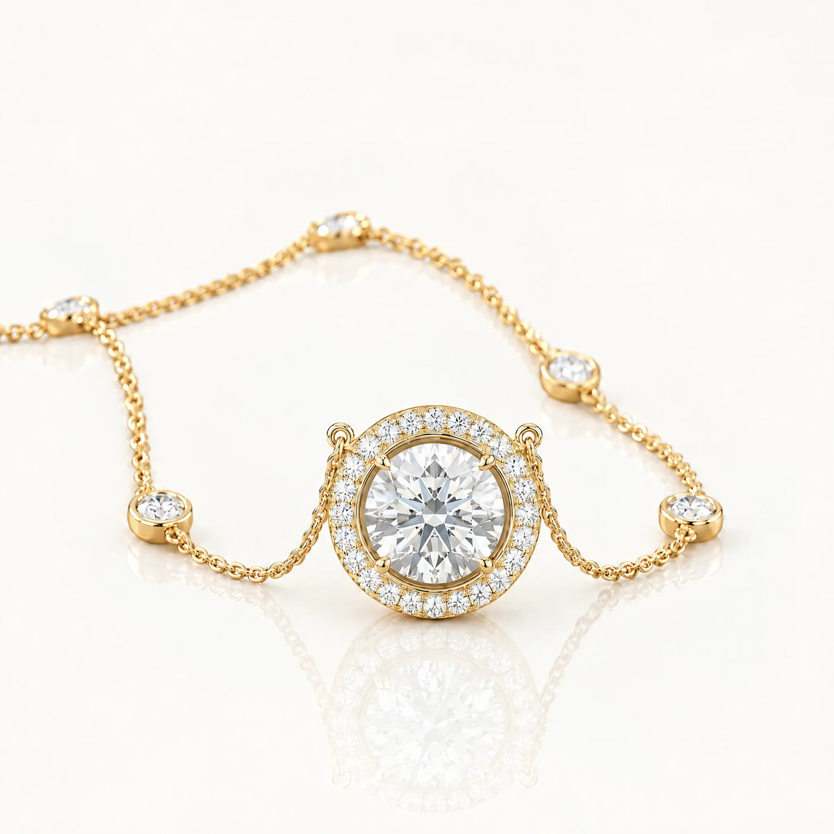 Aurore Lab-Grown Diamond Halo Station Necklace - Yellow Gold