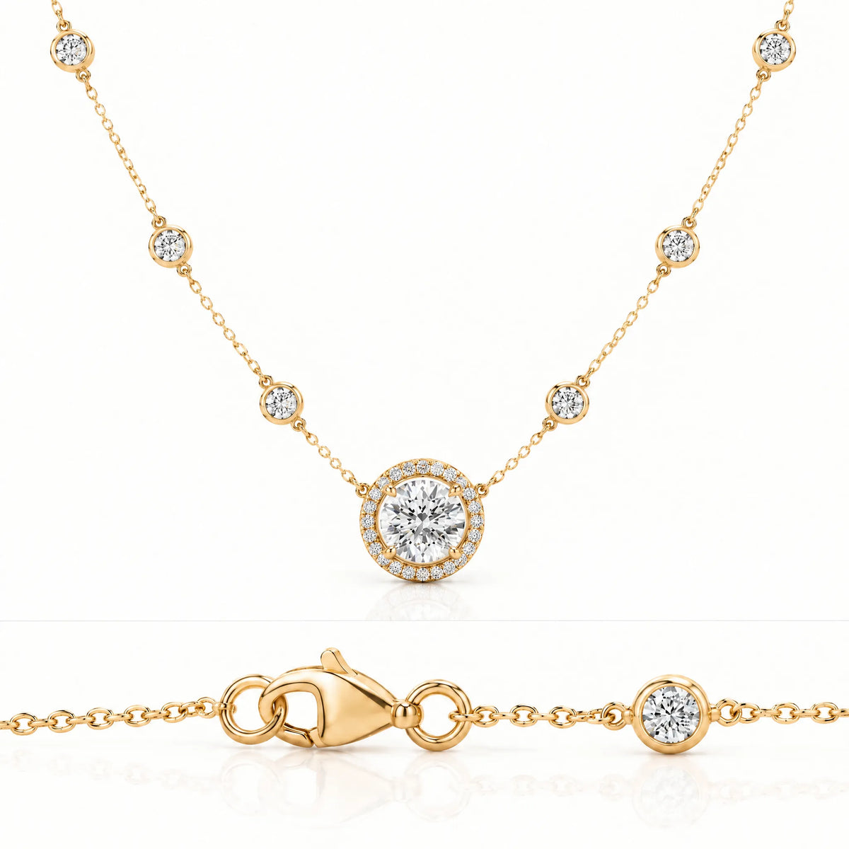 Aurore Lab-Grown Diamond Halo Station Necklace - Yellow Gold