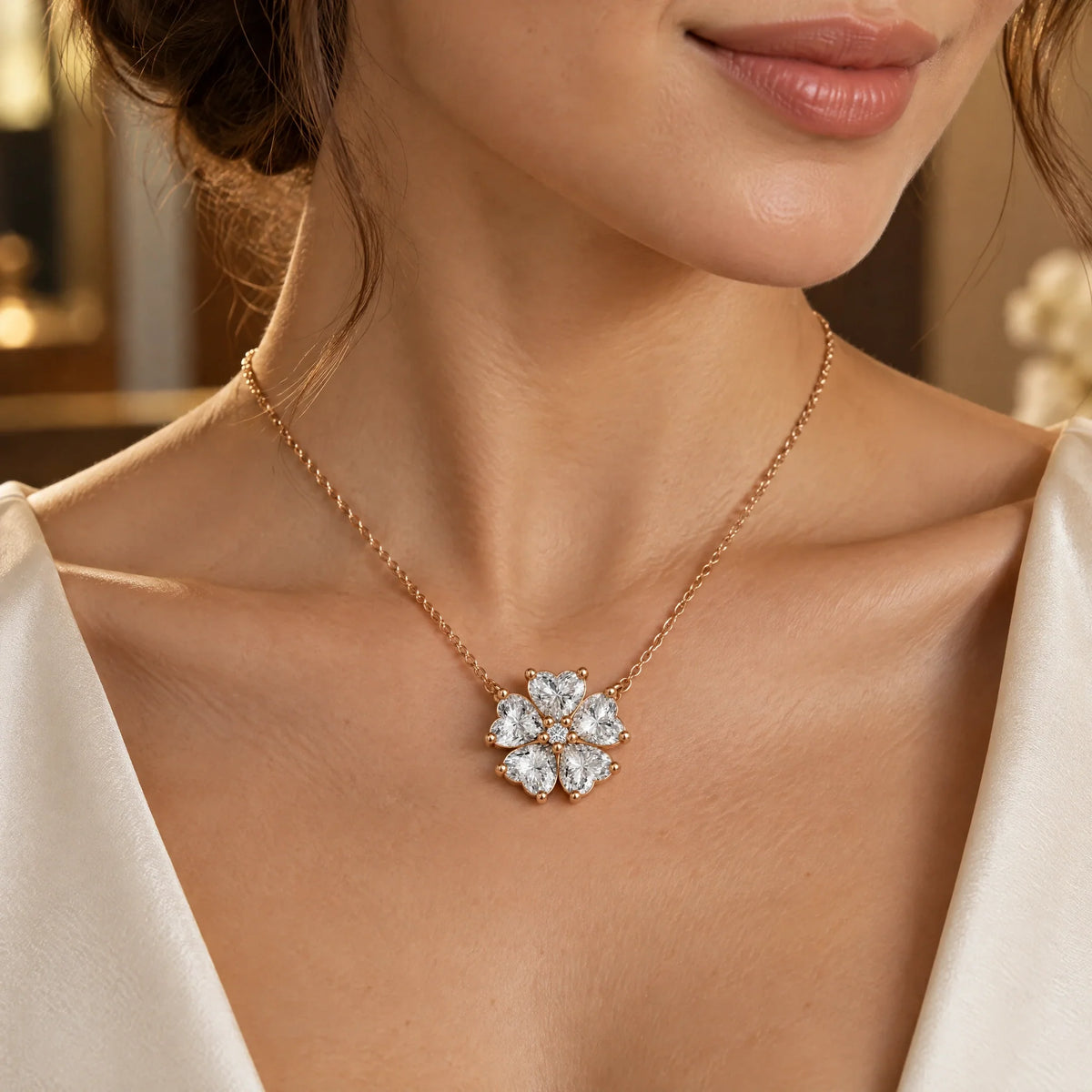 Cerise Lab-Grown Diamond Heart Flower Necklace - Rose Gold