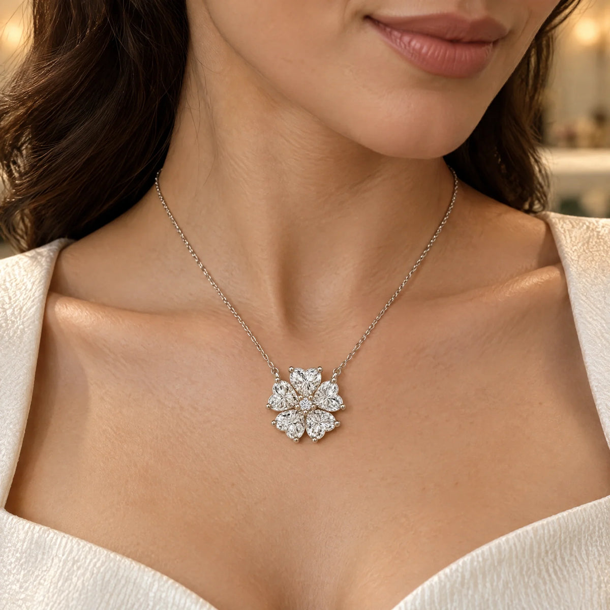 Cerise Lab-Grown Diamond Heart Flower Necklace - White Gold