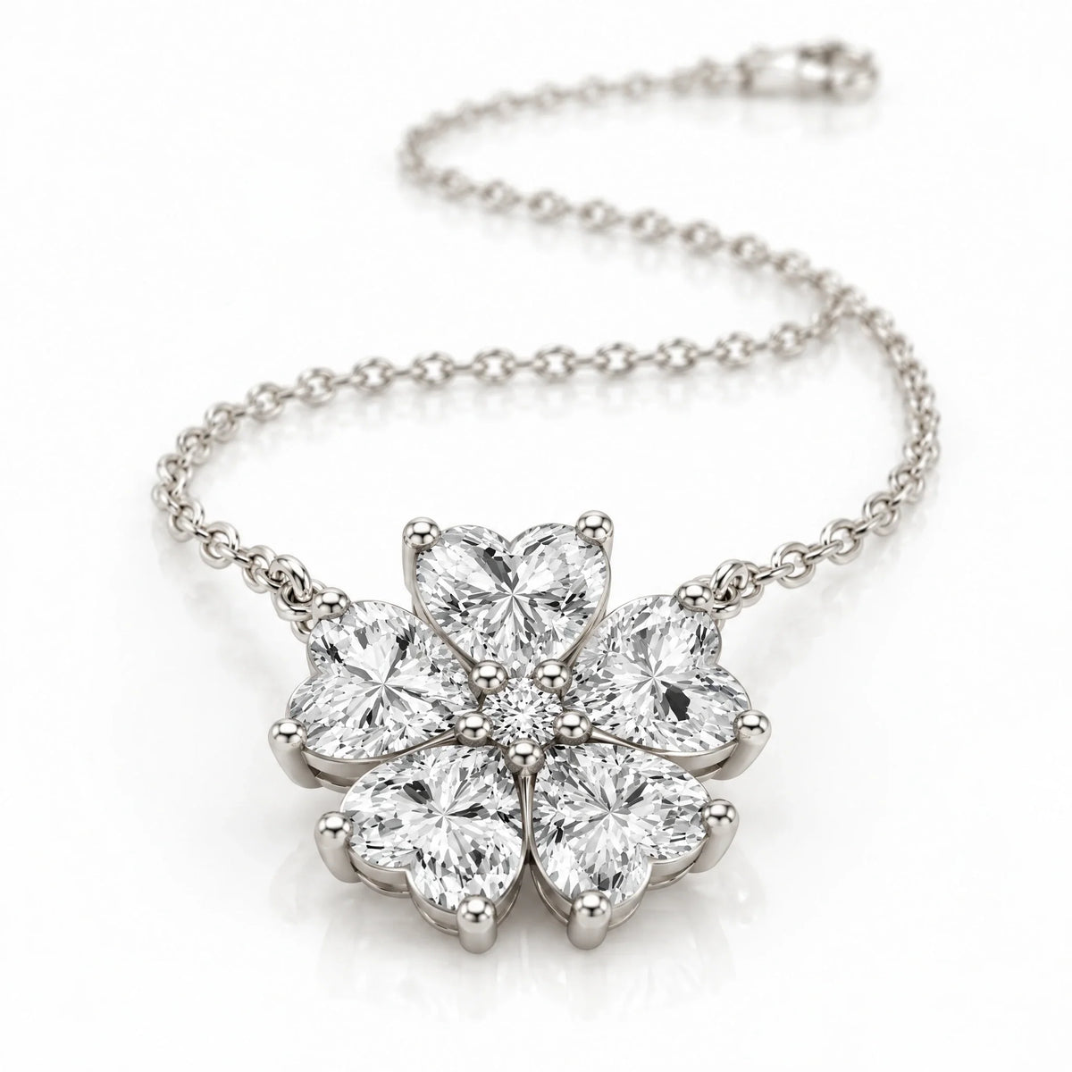 Cerise Lab-Grown Diamond Heart Flower Necklace - White Gold