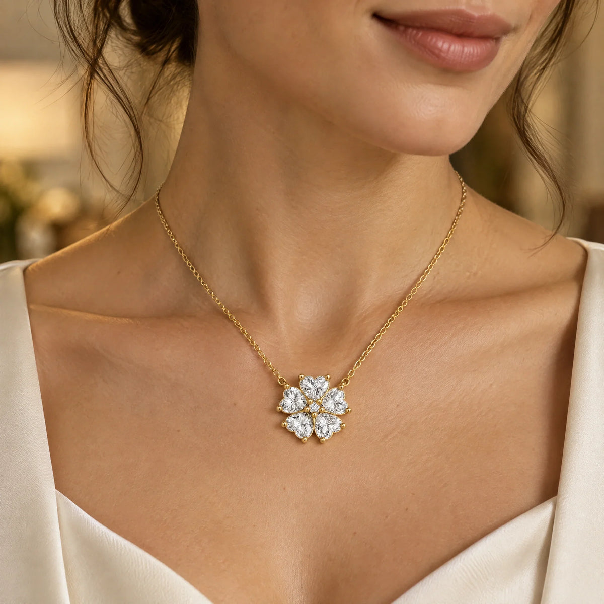 Cerise Lab-Grown Diamond Heart Flower Necklace - Yellow Gold