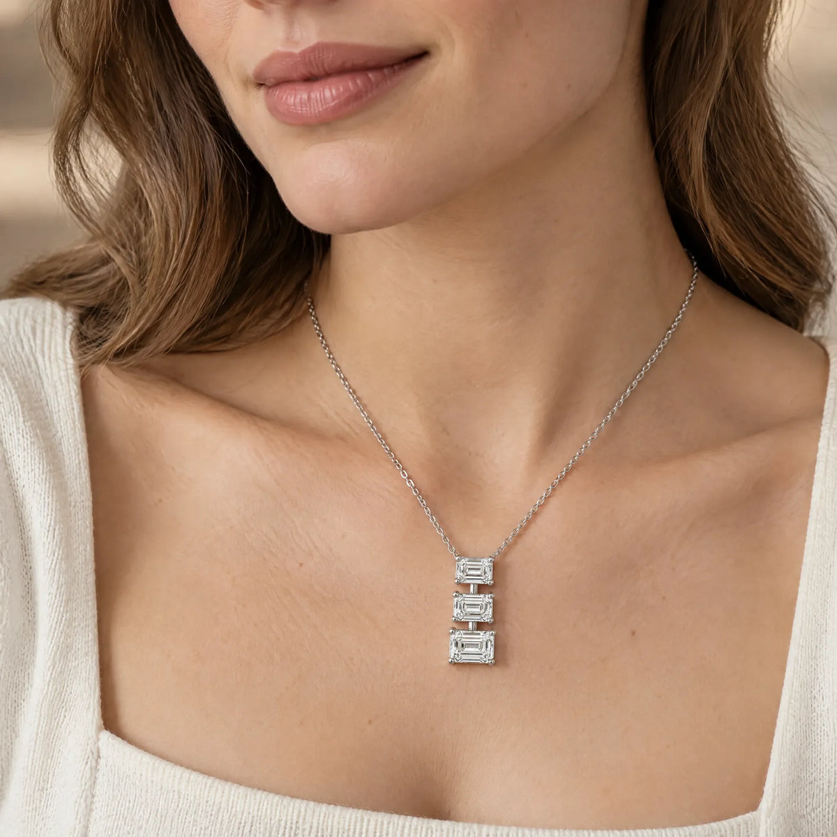 Cascade Lab-Grown Diamond Three-Stone Necklace - White Gold