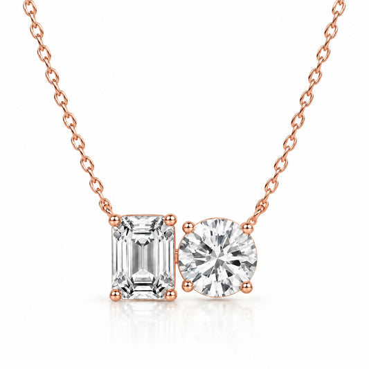 Duo Emerald & Round Lab-Grown Diamond Necklace - Rose Gold
