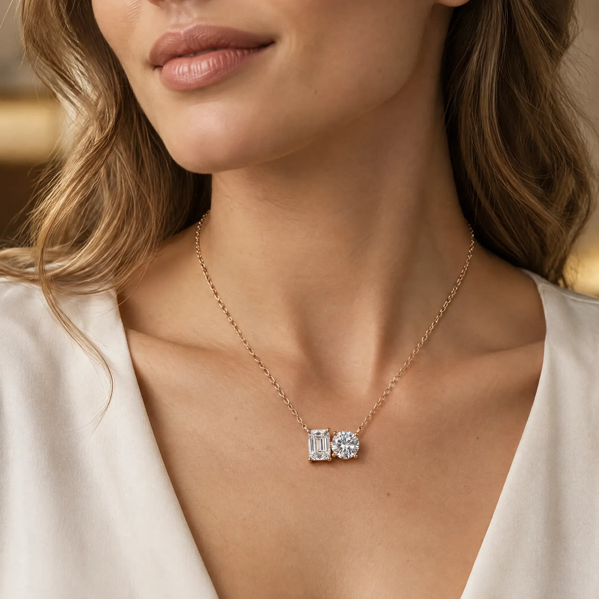 Duo Emerald & Round Lab-Grown Diamond Necklace - Rose Gold