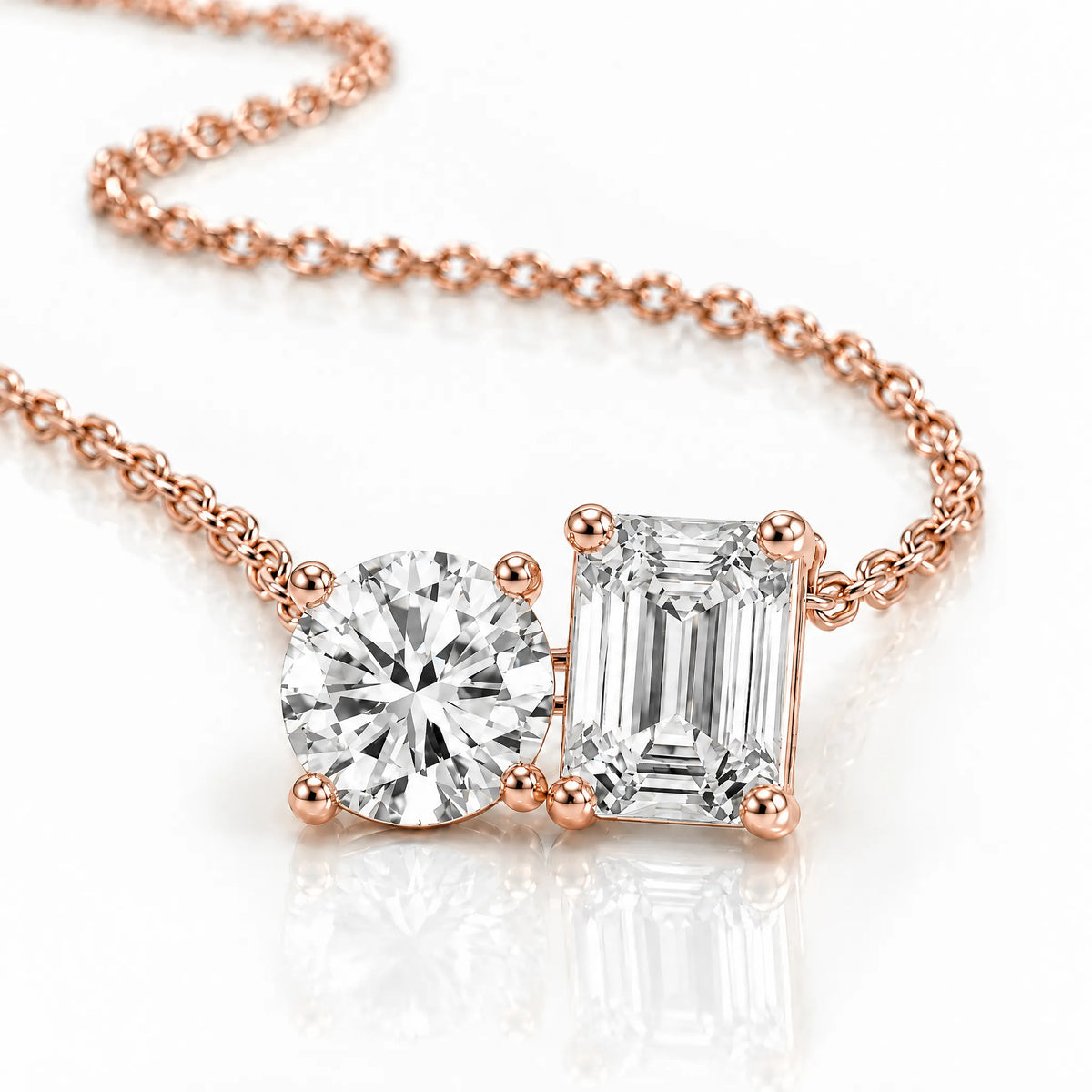Duo Emerald & Round Lab-Grown Diamond Necklace - Rose Gold