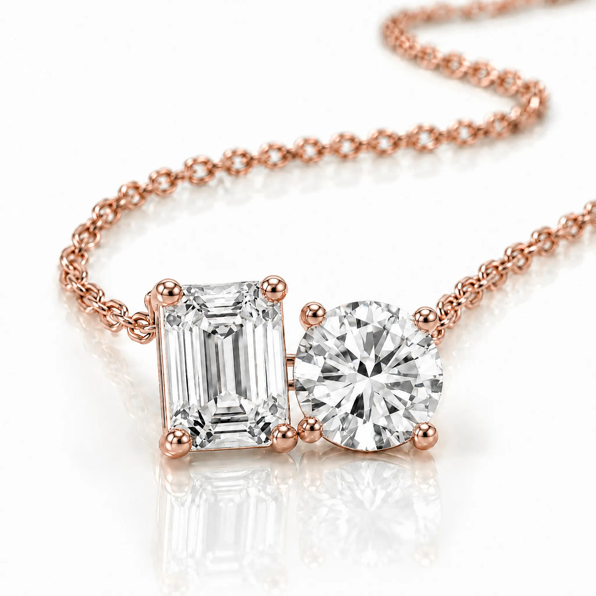 Duo Emerald & Round Lab-Grown Diamond Necklace - Rose Gold