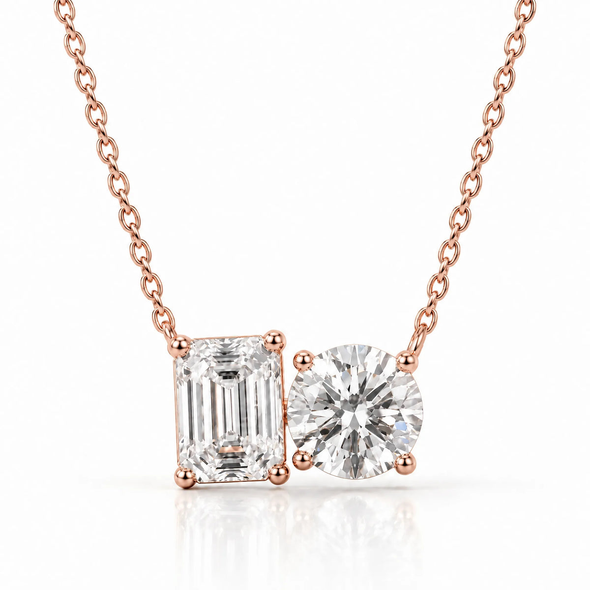Duo Emerald & Round Lab-Grown Diamond Necklace - Rose Gold
