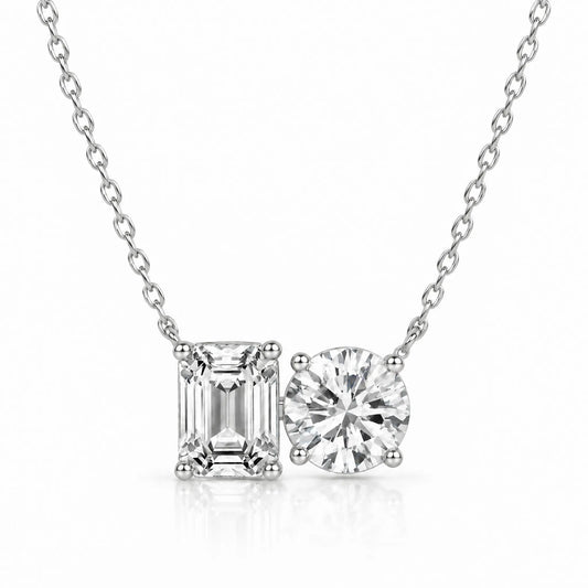 Duo Emerald & Round Lab-Grown Diamond Necklace - White Gold