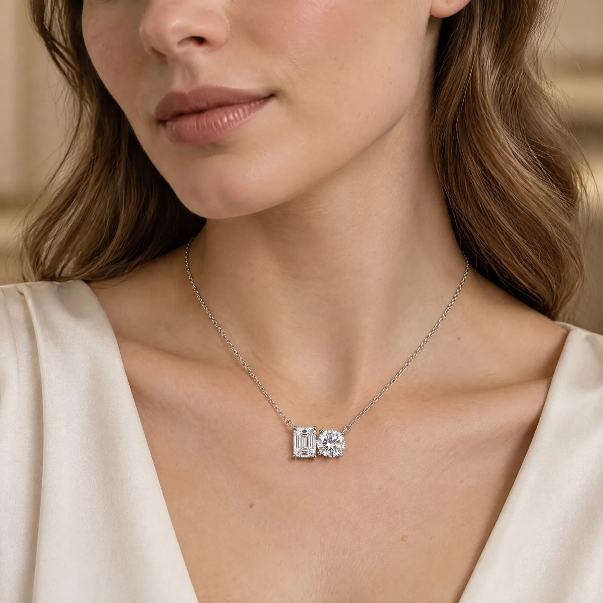 Duo Emerald & Round Lab-Grown Diamond Necklace - White Gold