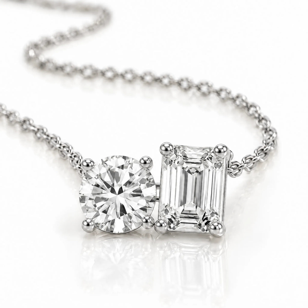 Duo Emerald & Round Lab-Grown Diamond Necklace - White Gold