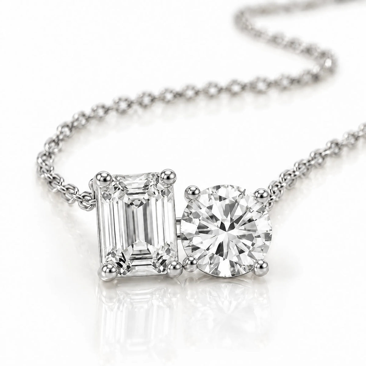 Duo Emerald & Round Lab-Grown Diamond Necklace - White Gold