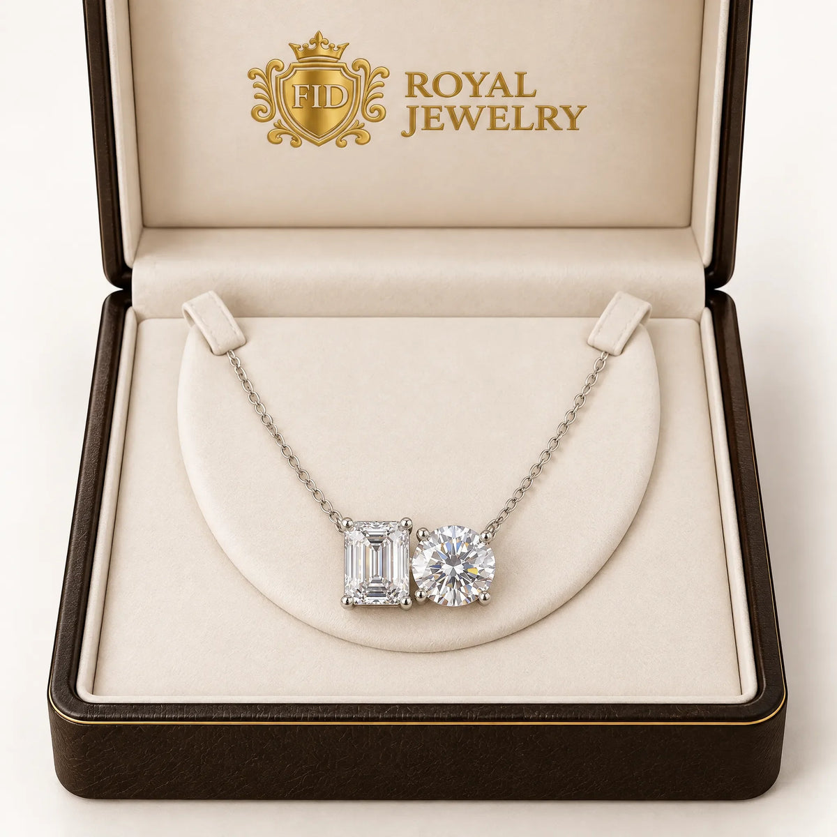 Duo Emerald & Round Lab-Grown Diamond Necklace - White Gold