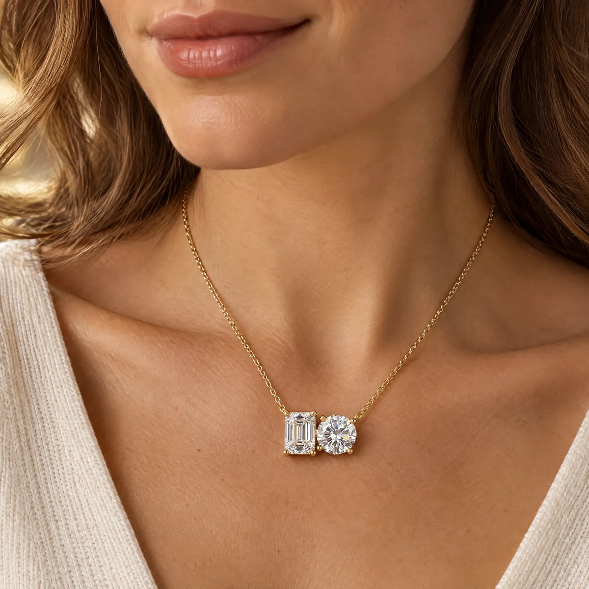 Duo Emerald & Round Lab-Grown Diamond Necklace - Yellow Gold