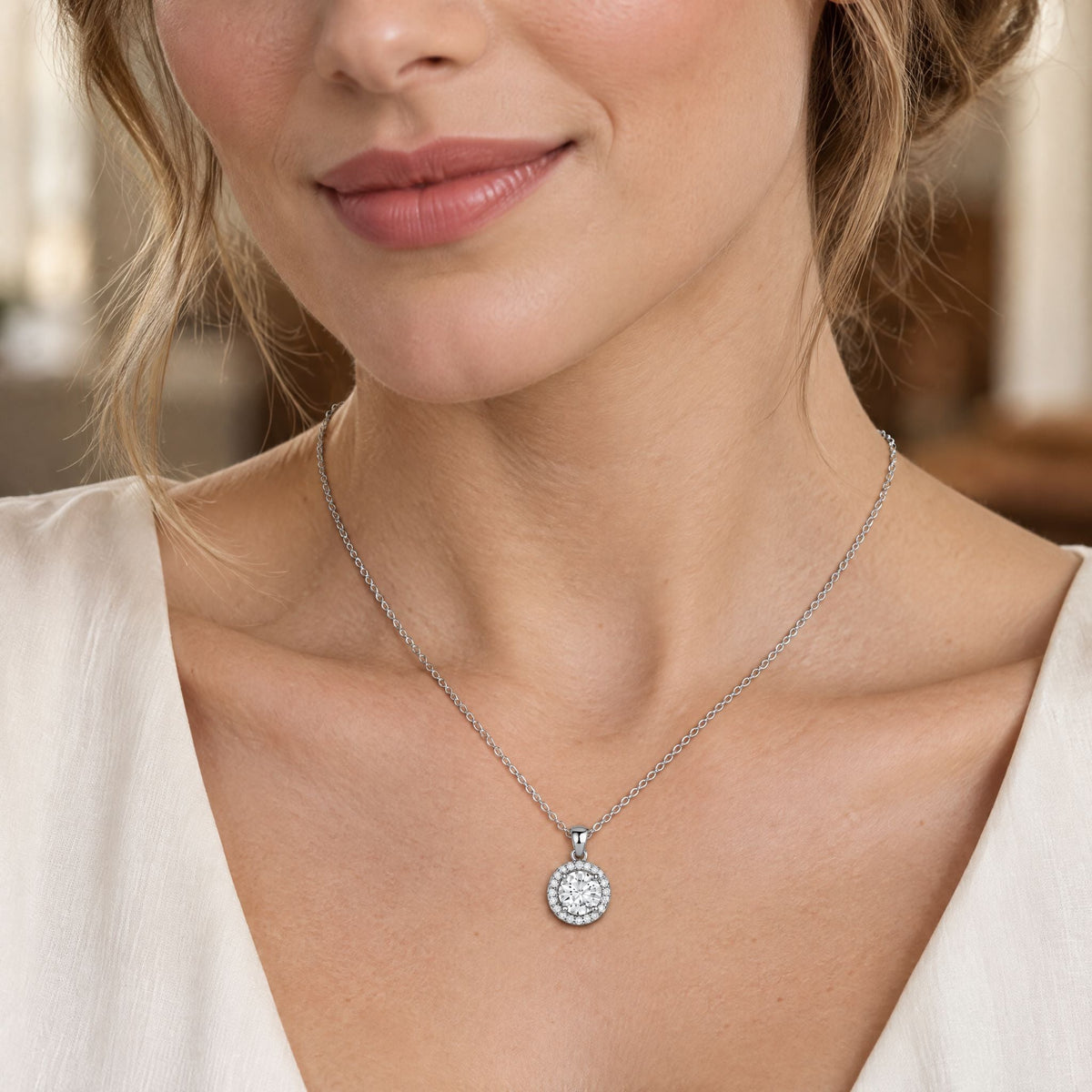 Round Halo Lab-Grown Diamond Pendant Necklace - White Gold – FID Royal ...
