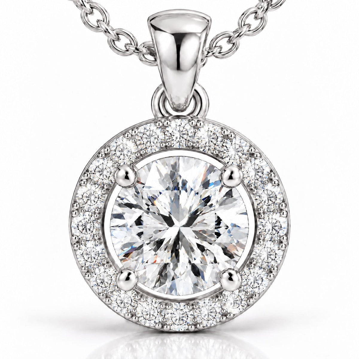 Round Halo Lab-Grown Diamond Pendant Necklace - White Gold – FID Royal ...