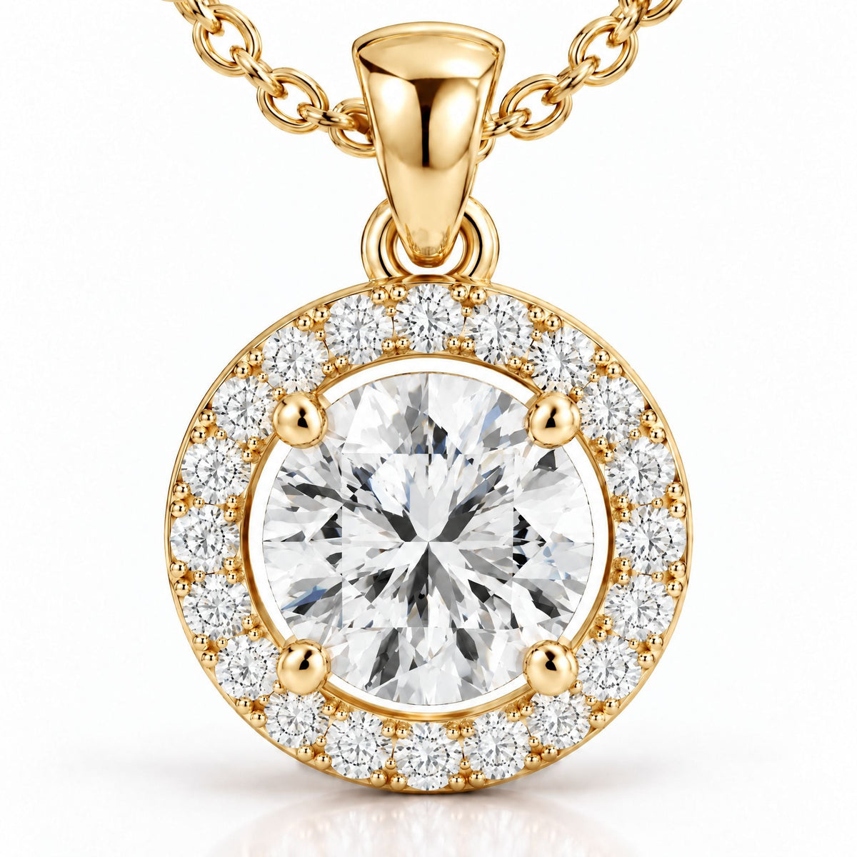 Round Halo Lab-Grown Diamond Pendant Necklace - Yellow Gold – FID Royal ...