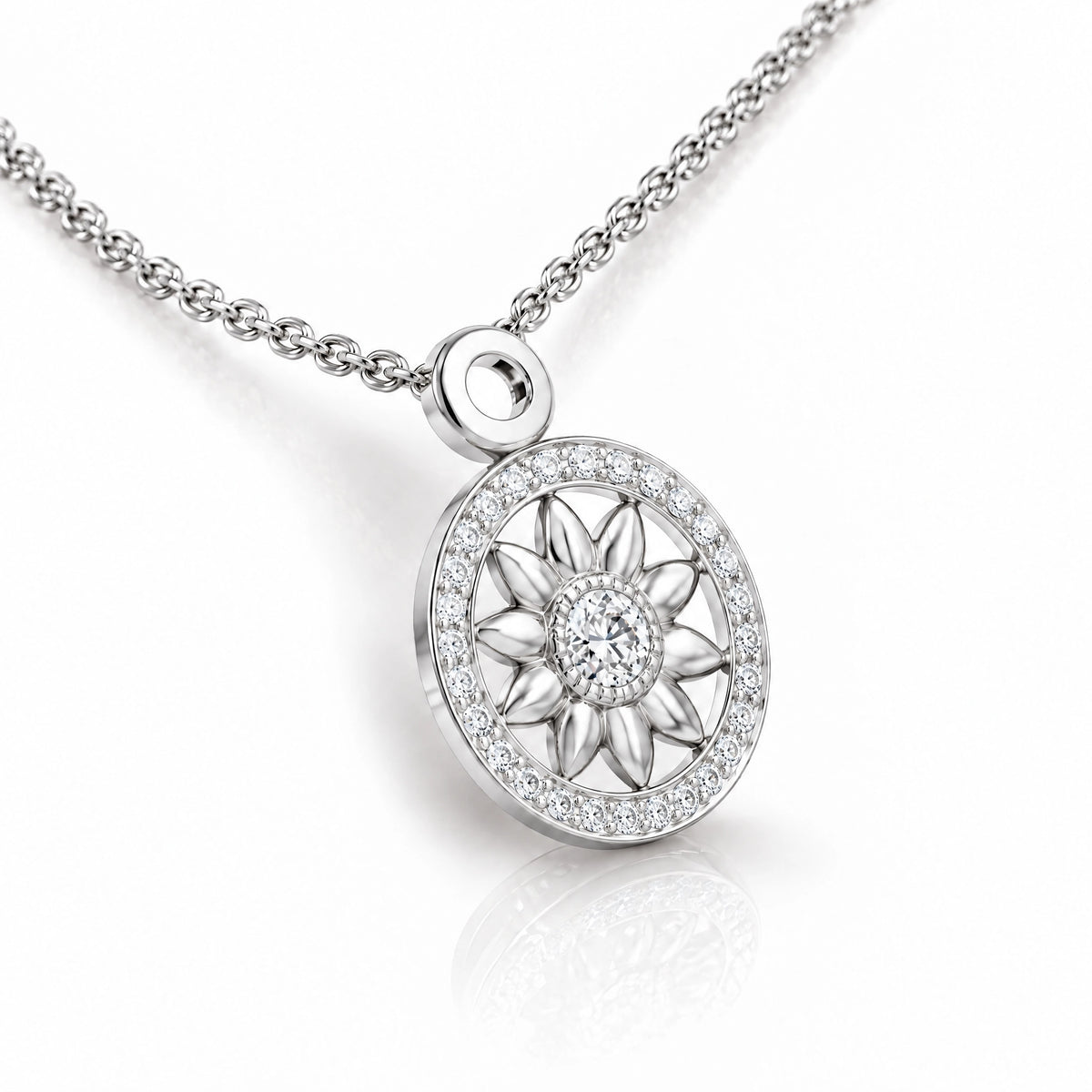Soleil Lab-Grown Diamond Sunflower Medallion Pendant - White Gold