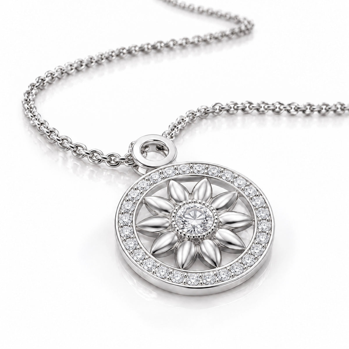 Soleil Lab-Grown Diamond Sunflower Medallion Pendant - White Gold