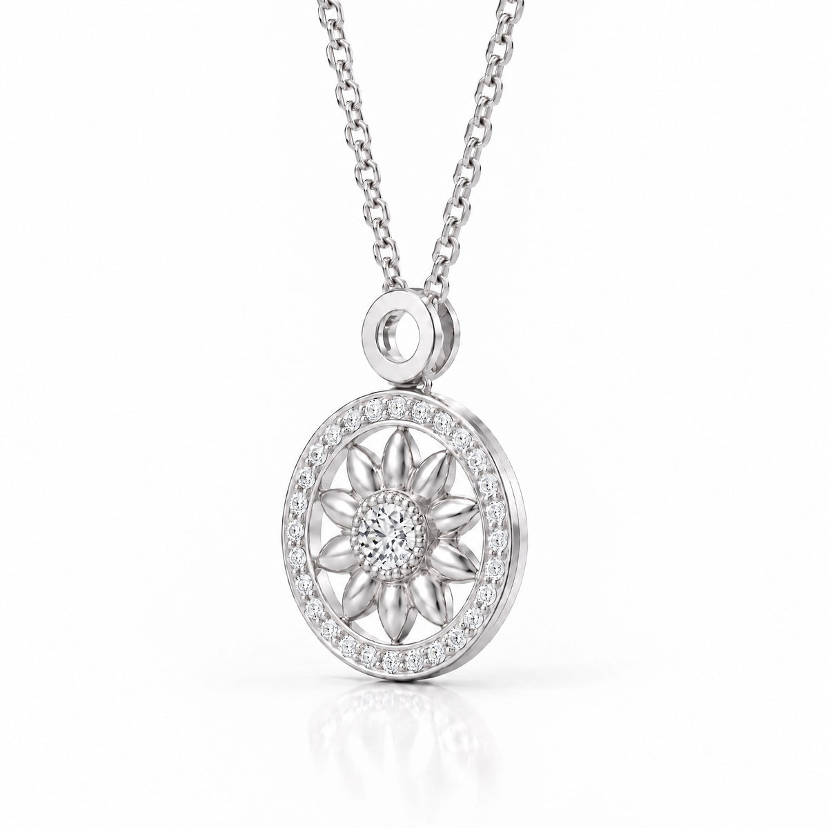 Soleil Lab-Grown Diamond Sunflower Medallion Pendant - White Gold