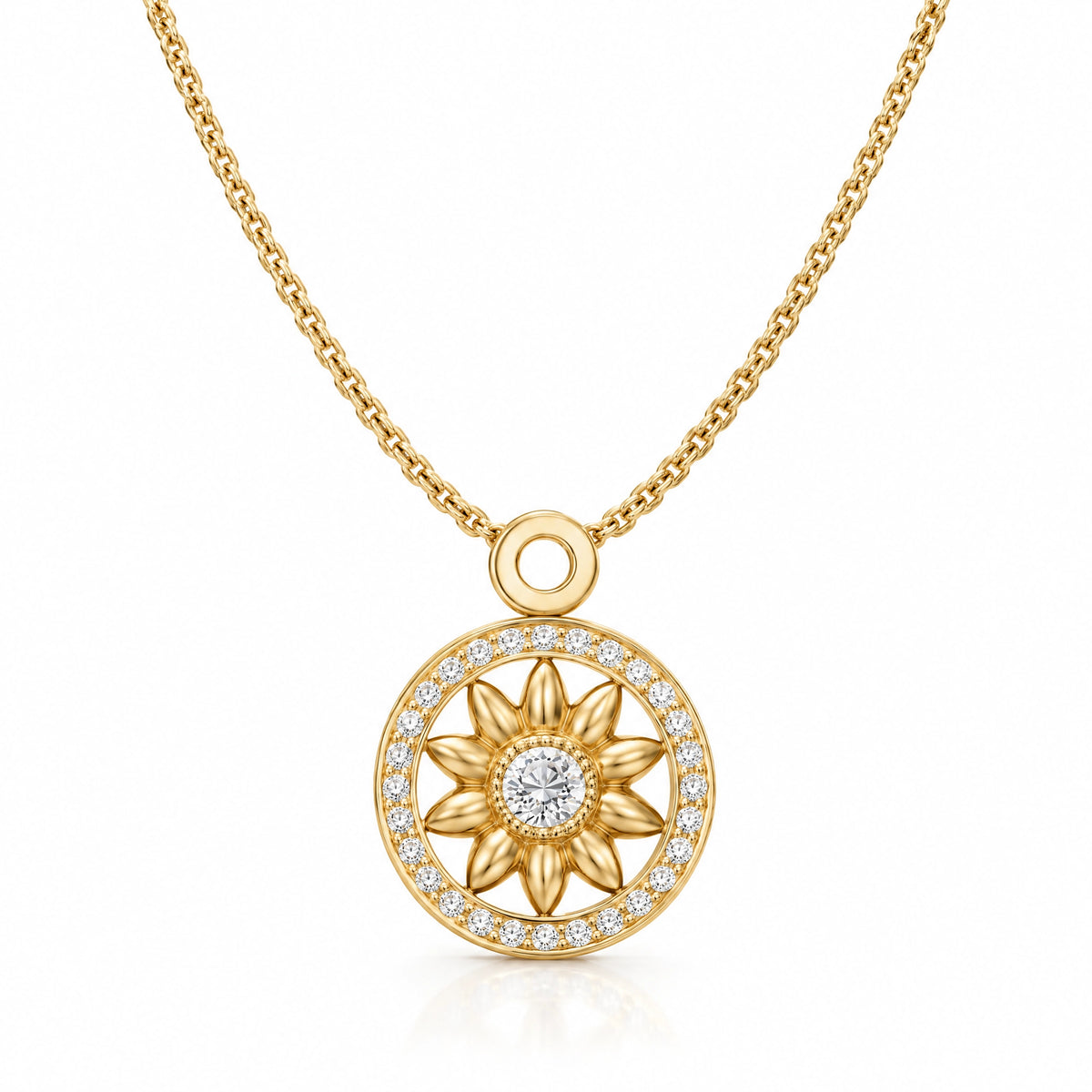 Soleil Lab-Grown Diamond Sunflower Medallion Pendant - Yellow Gold