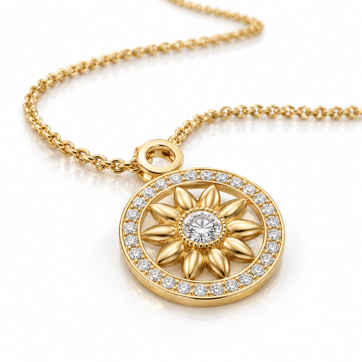 Soleil Lab-Grown Diamond Sunflower Medallion Pendant - Yellow Gold