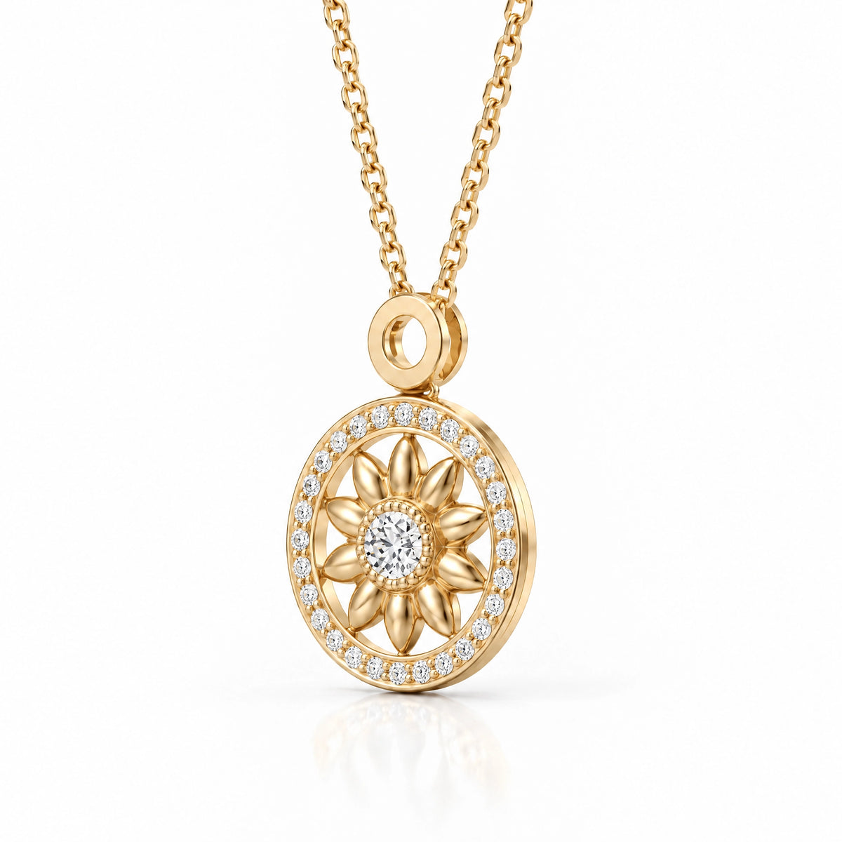 Soleil Lab-Grown Diamond Sunflower Medallion Pendant - Yellow Gold