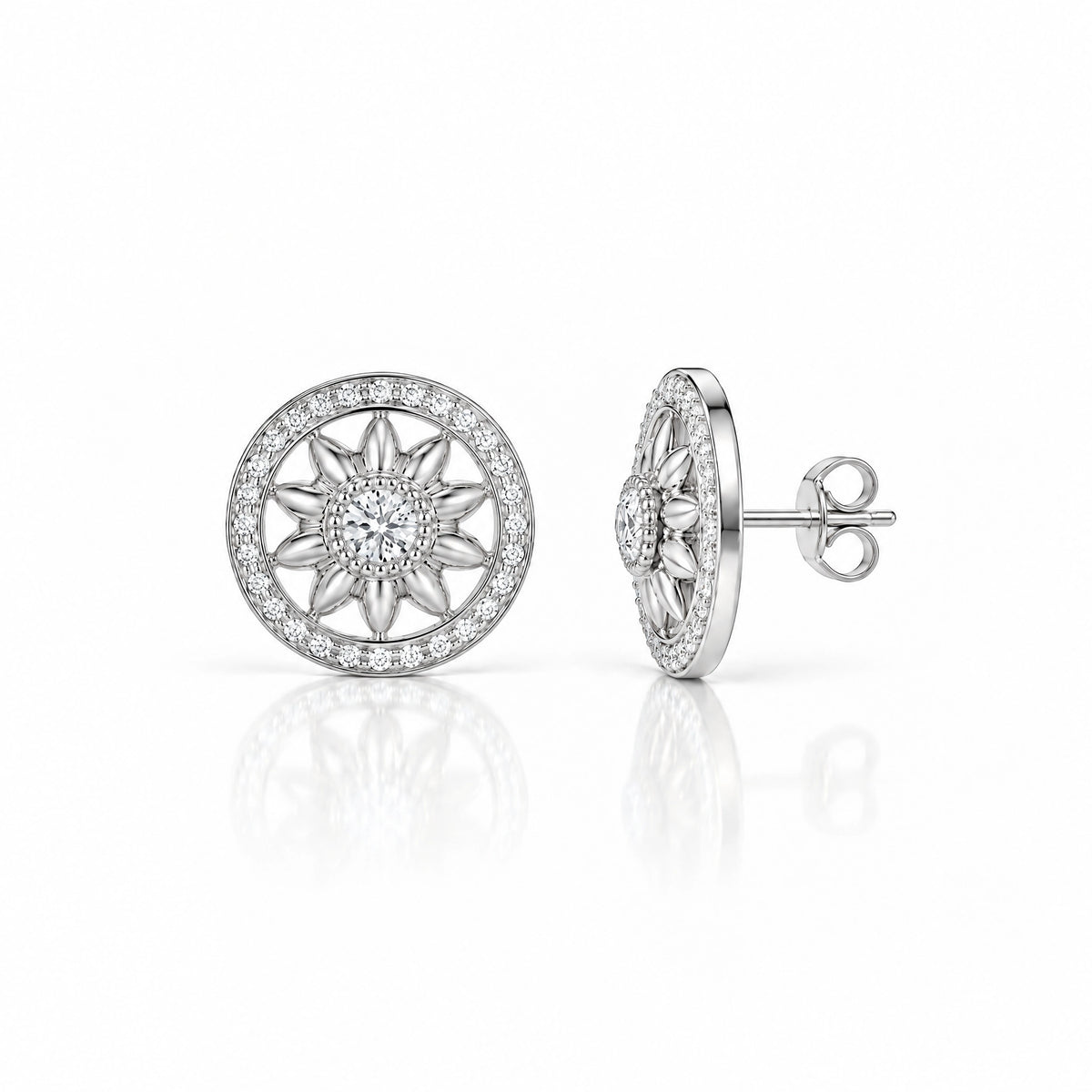 Soleil Lab-Grown Diamond Sunflower Stud Earrings - White Gold