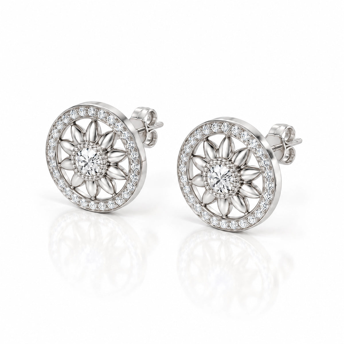 Soleil Lab-Grown Diamond Sunflower Stud Earrings - White Gold